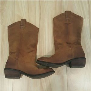 Tan suede cowboy boots by Jessica Simpson